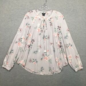 Torrid 00 Gray Pink Floral Satin Tunic Blouse Long Sleeve Pleated Keyhole FLAW